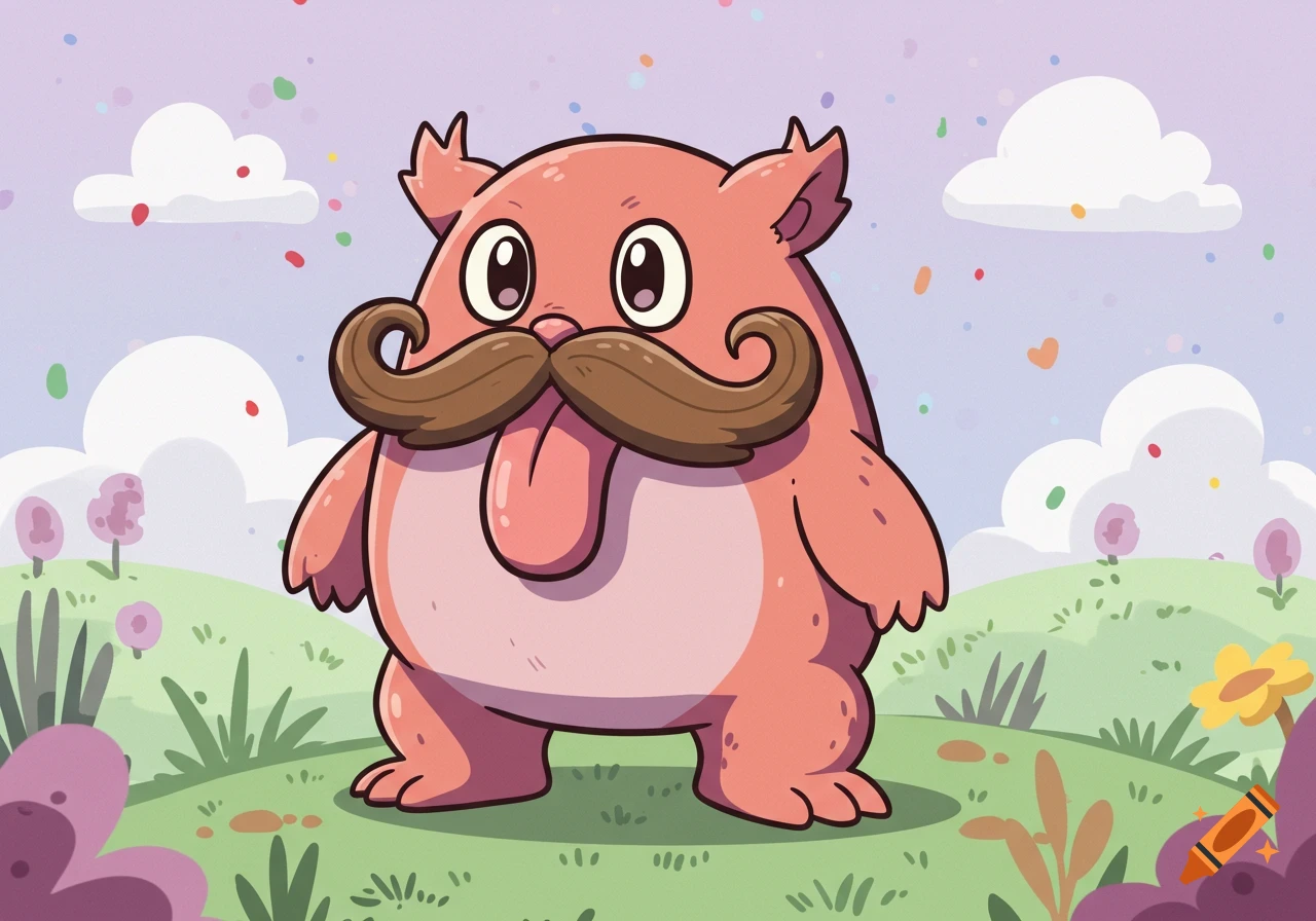 A cute pink cartoon monster with a large brown mustache and long pink tongue stands in a grassy field with colorful specks in the sky.