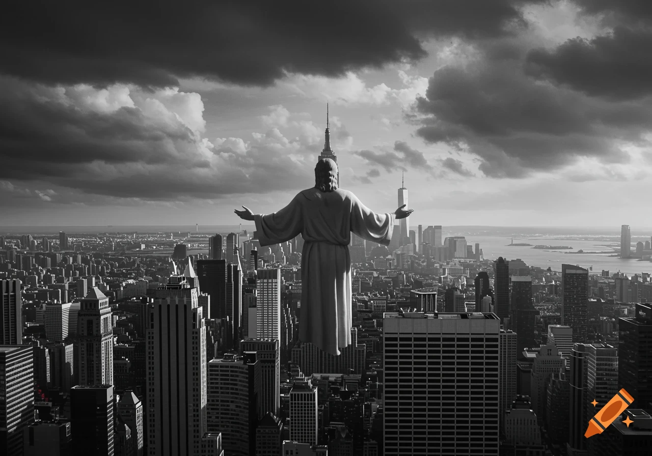 A black-and-white, dramatic, high-angle view from behind a Christ-like figure floating above the New York City skyline with arms outstretched under a cloudy sky.