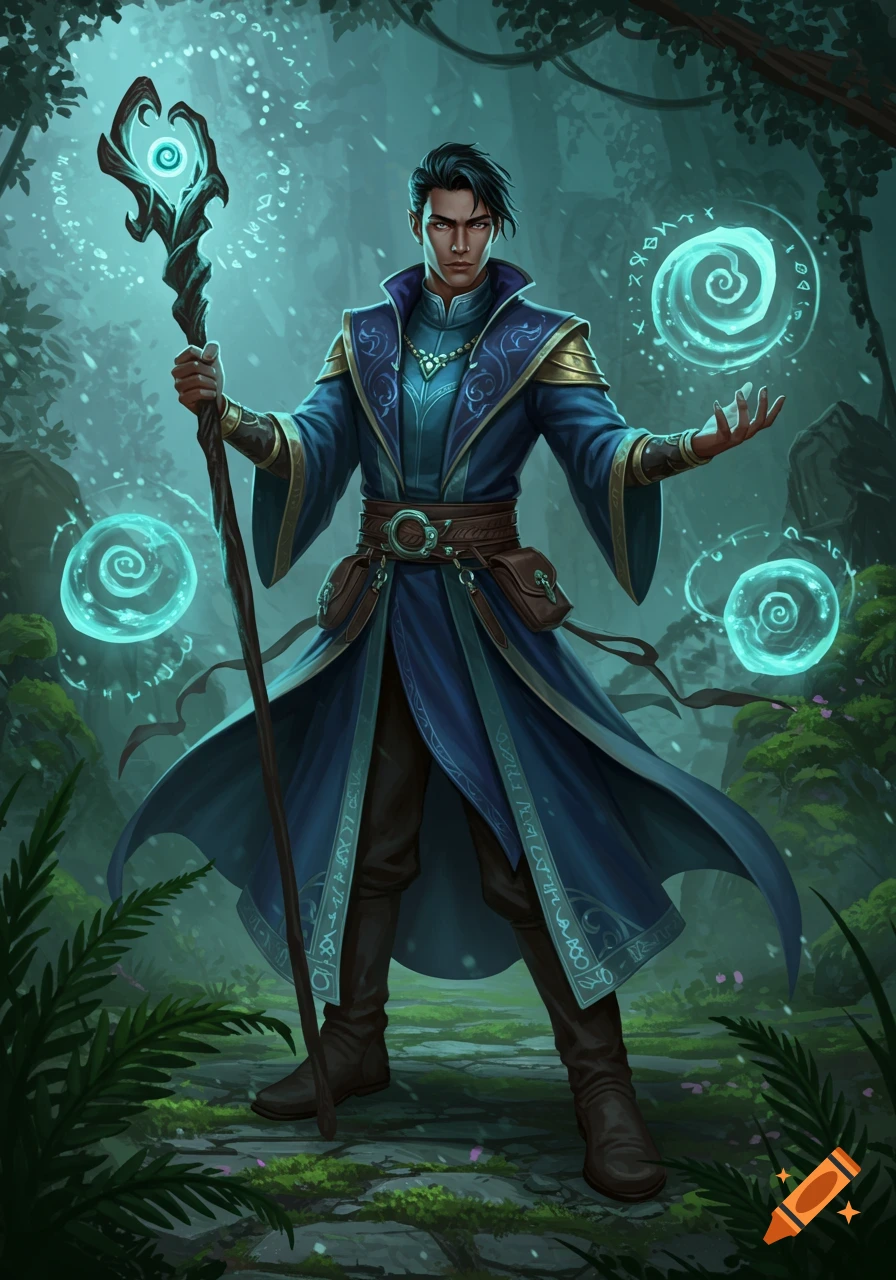 A male sorcerer in a blue robe holds a glowing staff and casts spells in a mystical forest. Digital painting.
