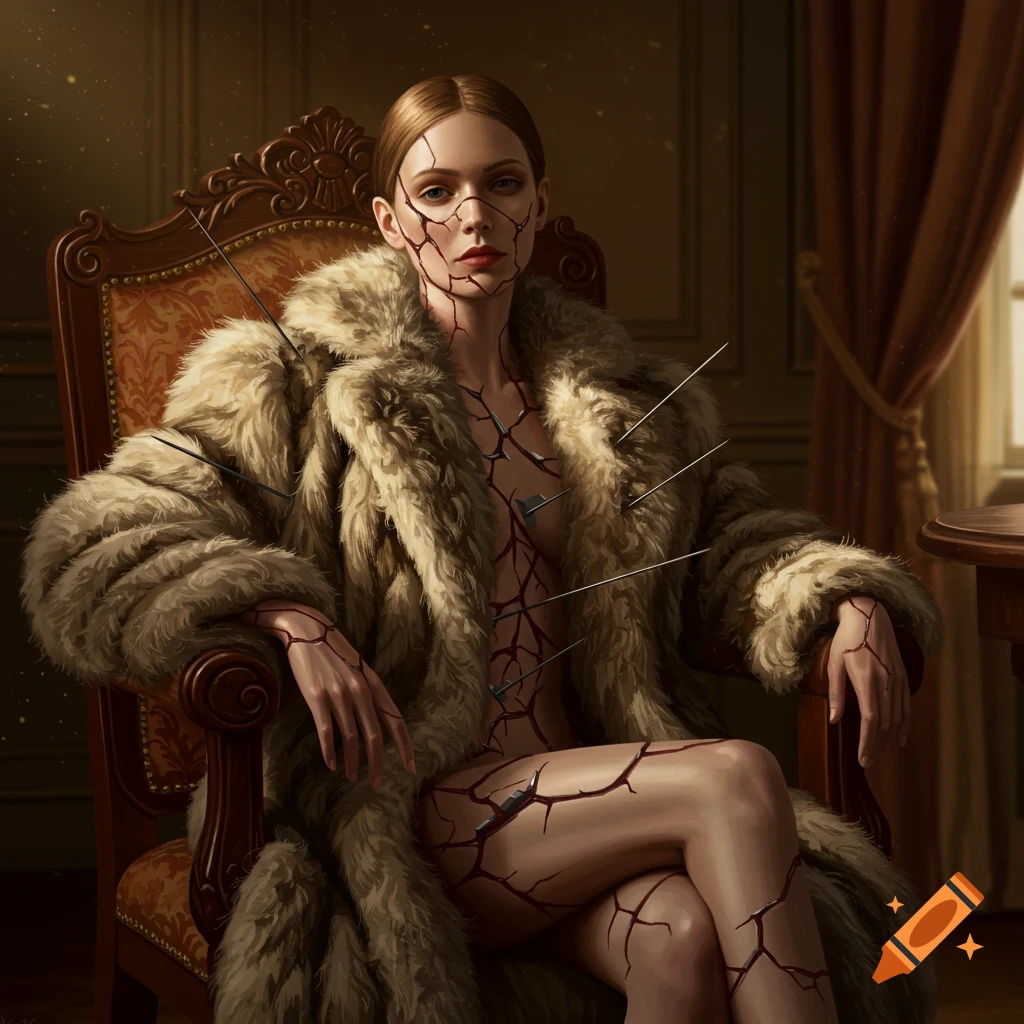 A woman in a fur coat sits in a chair, her skin cracked and pierced by thorns, in a richly decorated room.