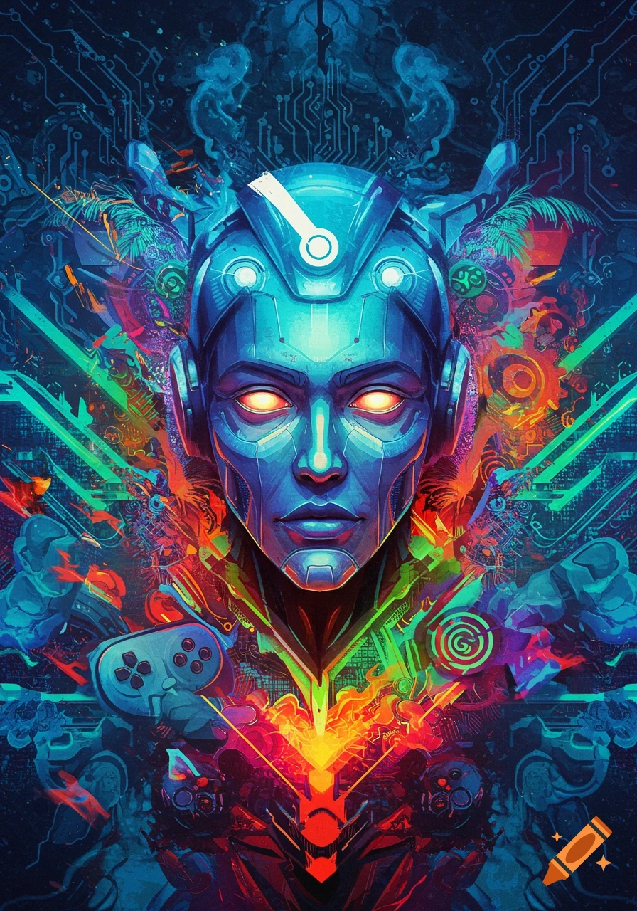 A vibrant, neon-colored portrait of a futuristic robotic head with glowing eyes, surrounded by circuit board patterns and a game controller.