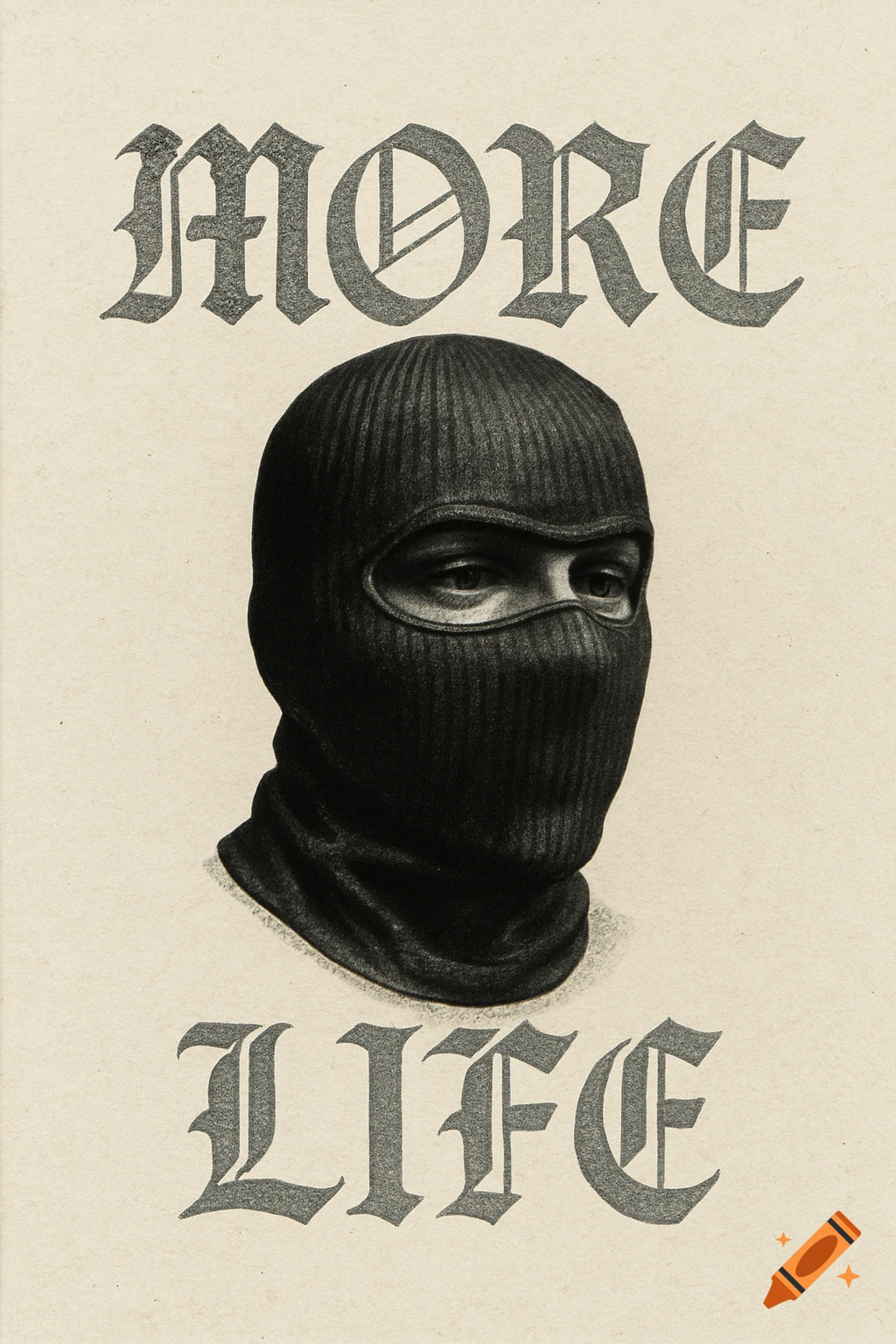 A black and white illustration of a person wearing a balaclava, with the word 'MORE' in old English font above their head and 'LIFE' below.