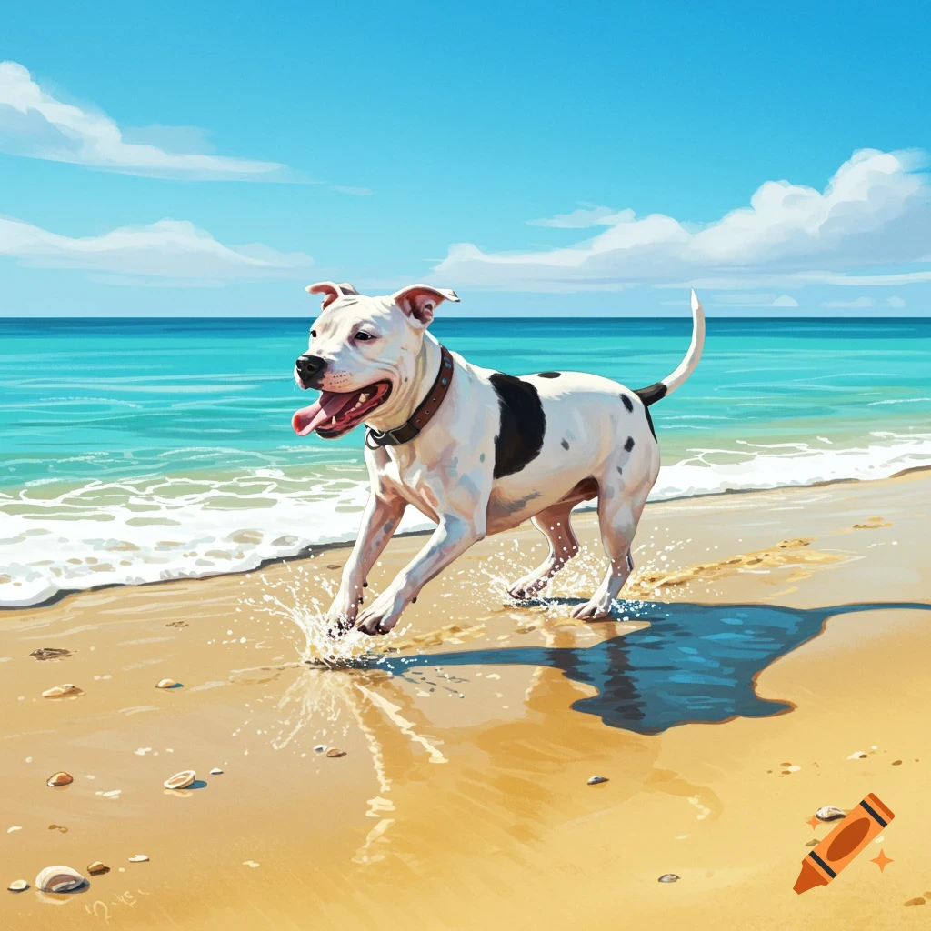 A white American Staffordshire dog with black spots runs happily along a sunny beach with blue water.