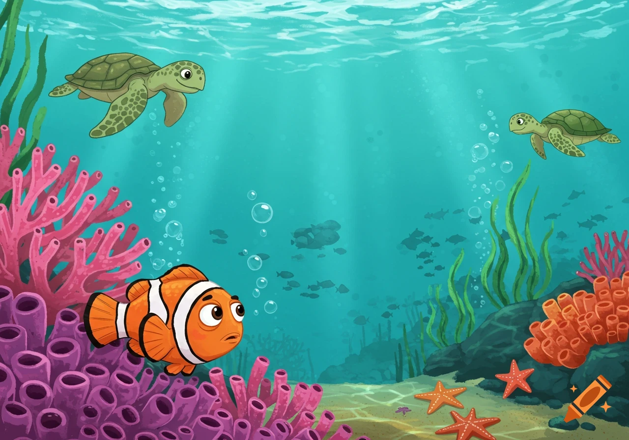 A vibrant cartoon underwater scene with a clownfish, two sea turtles, and various coral and starfish.