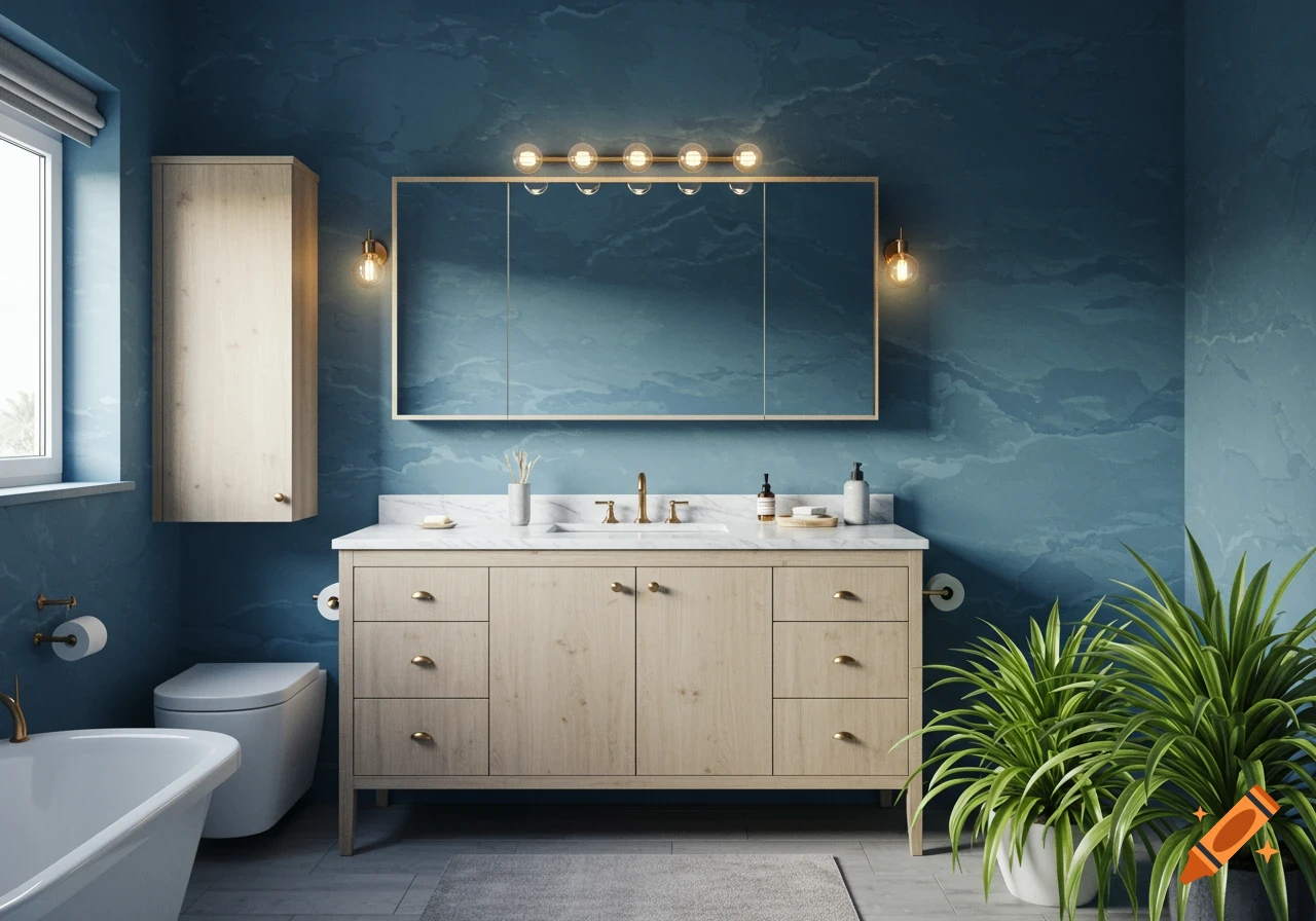 A modern bathroom with deep blue walls, a light wood vanity with a marble top, and a mirror with a five-bulb light fixture above it. A large plant sits on the right.
