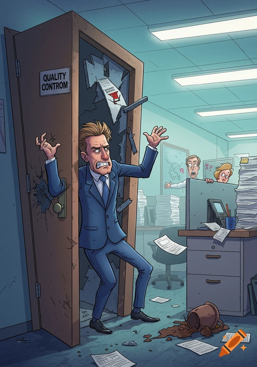 A cartoon businessman angrily bursts through a broken office door labeled 'QUALITY CONTROM,' surprising two colleagues.