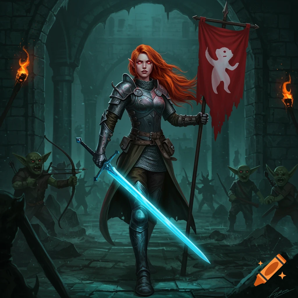 An elven warrior with red hair and glowing blue sword stands in a dark dungeon, holding a red banner, as goblins appear in the background. Fantasy art.