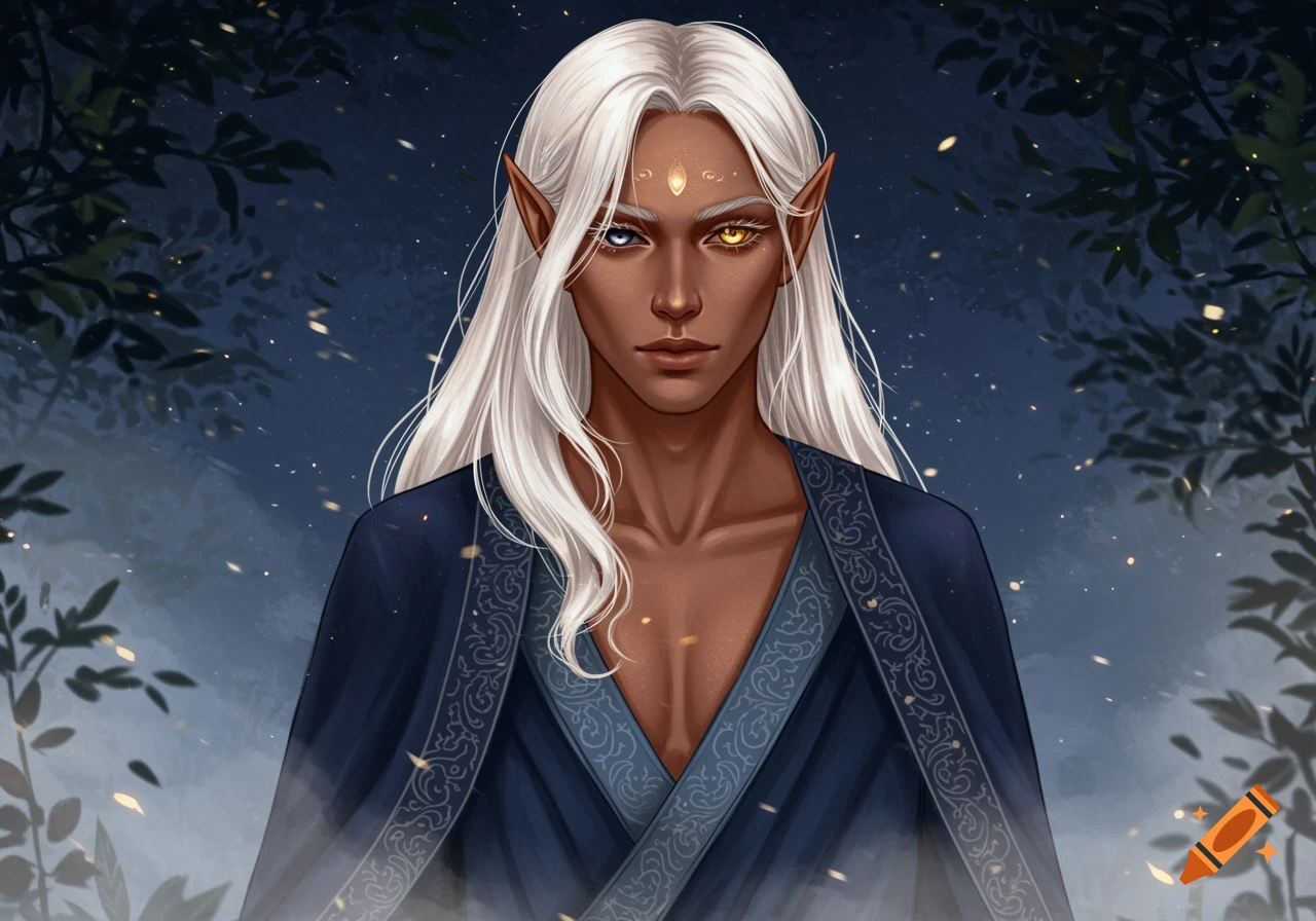 A fantasy portrait of an elf-like character with long white hair, dark skin, and heterochromia (one blue, one gold eye), wearing a blue robe.