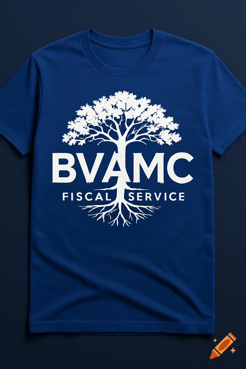 A navy blue t-shirt featuring a white logo of a tree with roots, incorporating the text 'BVAMC' as the trunk and 'FISCAL SERVICE' within the roots.