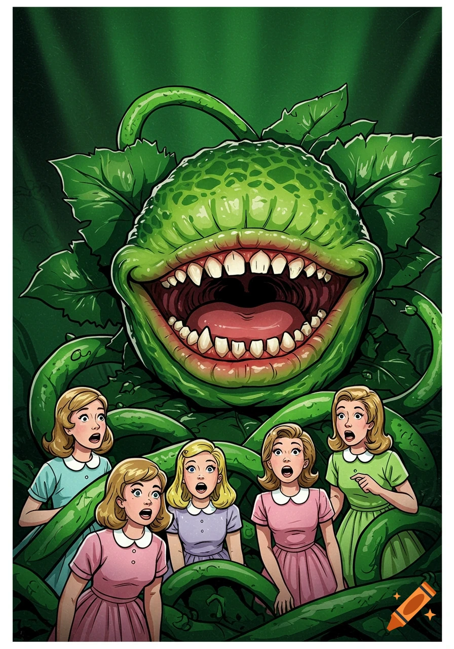 A giant, green, toothy monster plant with its mouth open, surrounded by five surprised women in a vintage comic art style.