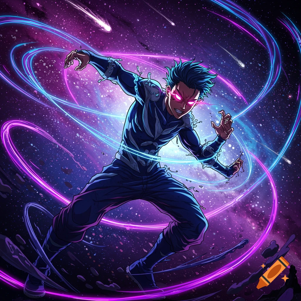 An anime character with blue hair and glowing eyes, surrounded by swirling purple and blue energy in a cosmic setting.