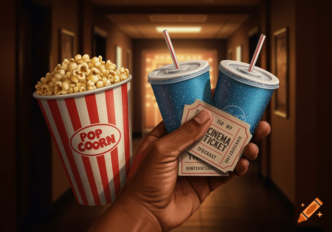 A brown hand holds two movie tickets and two sodas next to a large bucket of popcorn in a cinema hallway, in an illustrative style.