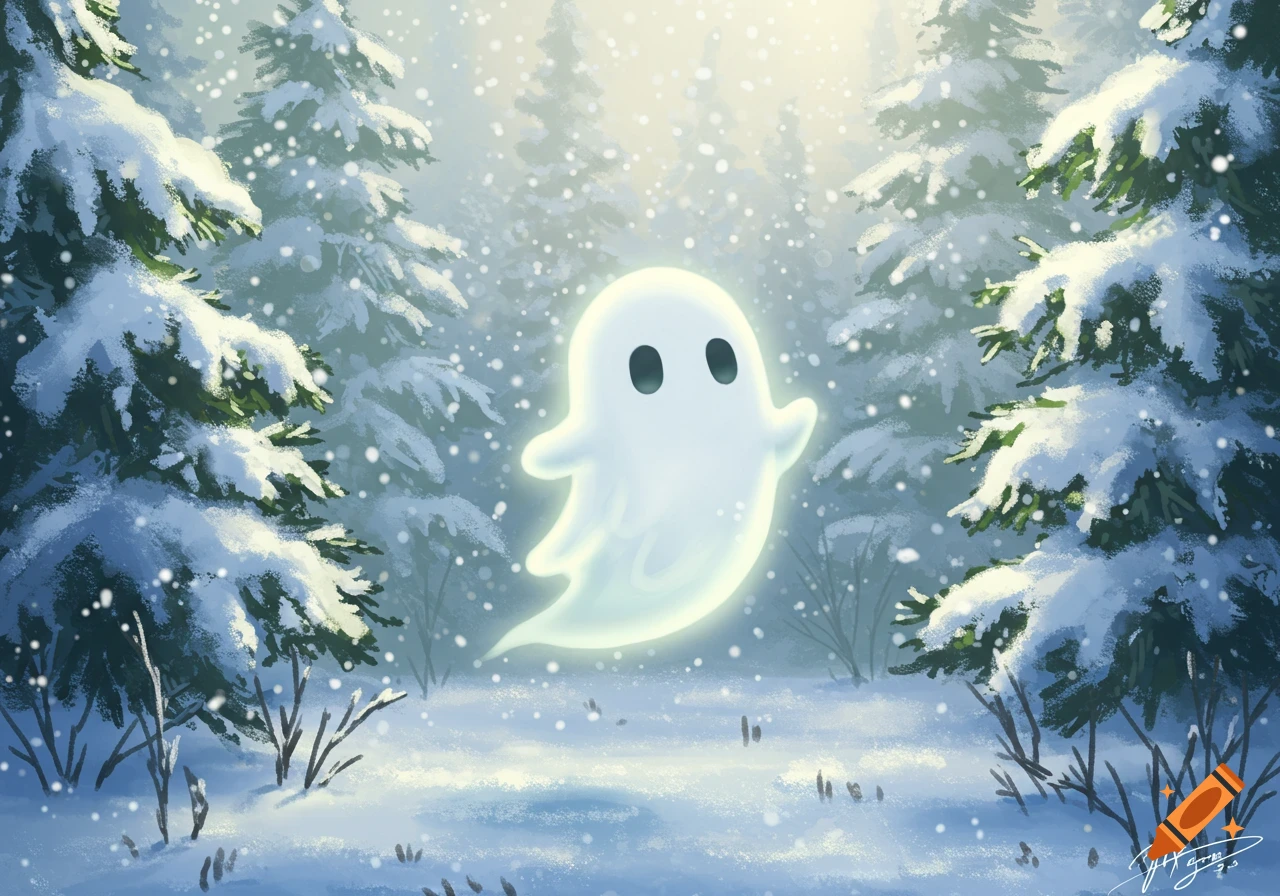 A cute, glowing white ghost with black eyes floats in a snowy forest scene with pine trees and falling snowflakes.