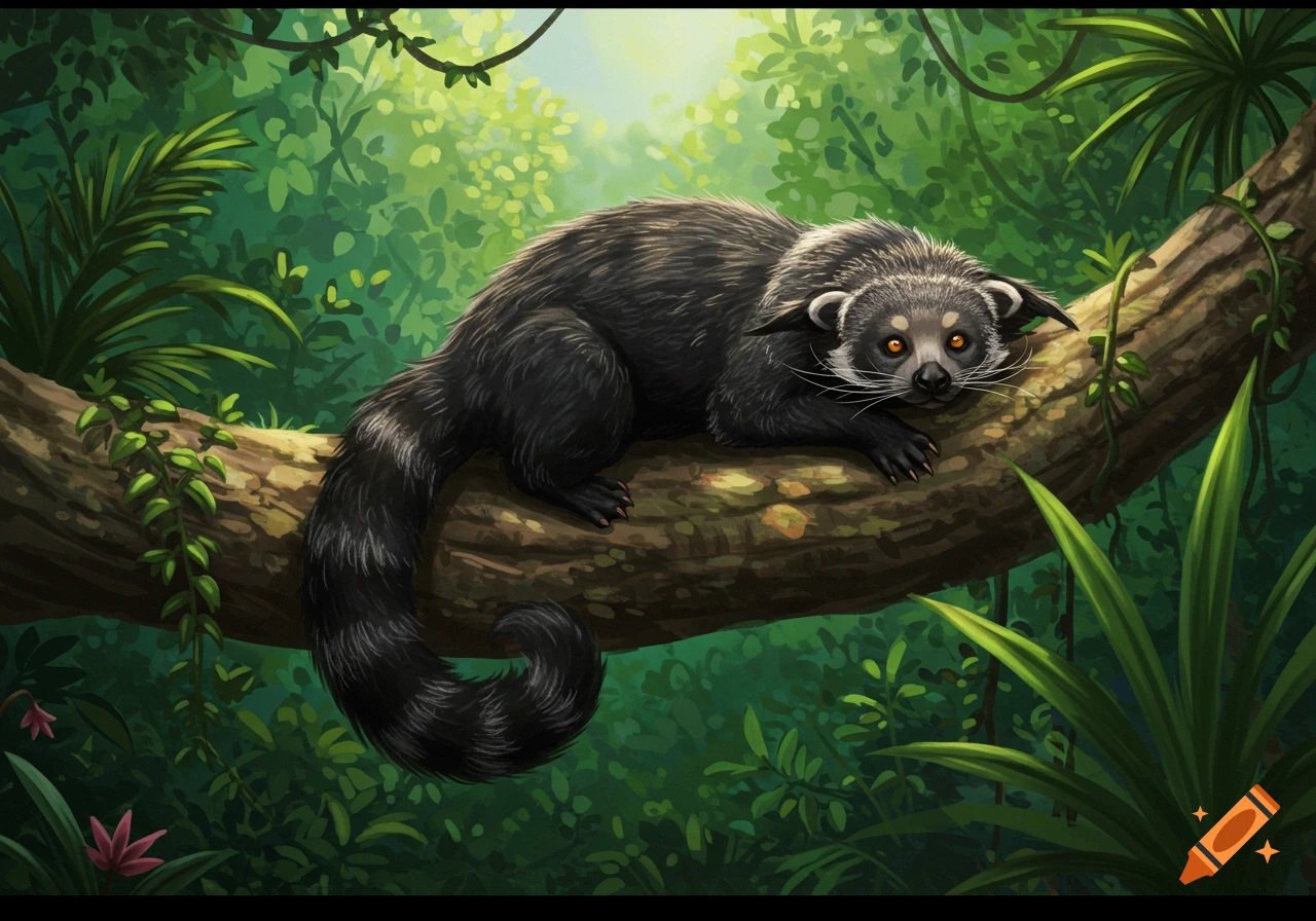 An illustrative depiction of a binturong resting on a large tree branch in a vibrant green jungle.