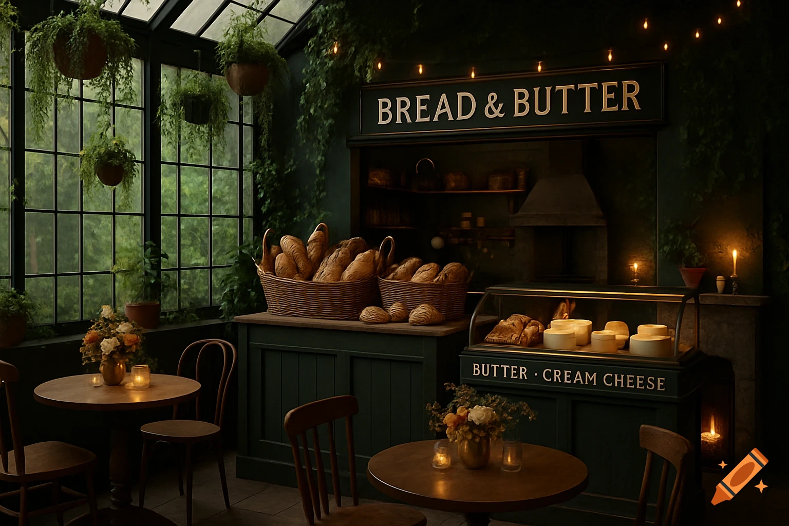 A cozy, dimly lit bakery cafe with large windows, lush hanging plants, baskets of bread, and small wooden tables with candles.