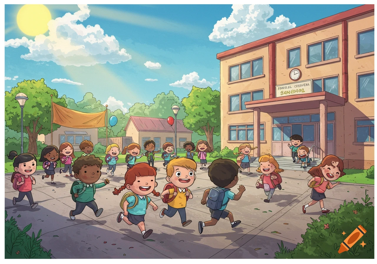 Cartoon illustration of diverse children happily running towards a school building under a bright sun.