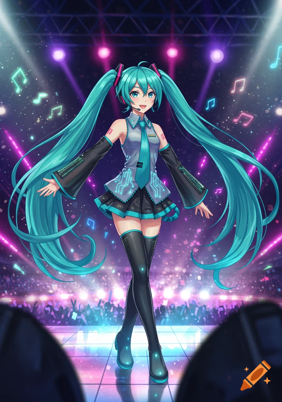 An anime illustration of Hatsune Miku on stage, under bright spotlights with musical notes floating around her, in front of a cheering crowd.