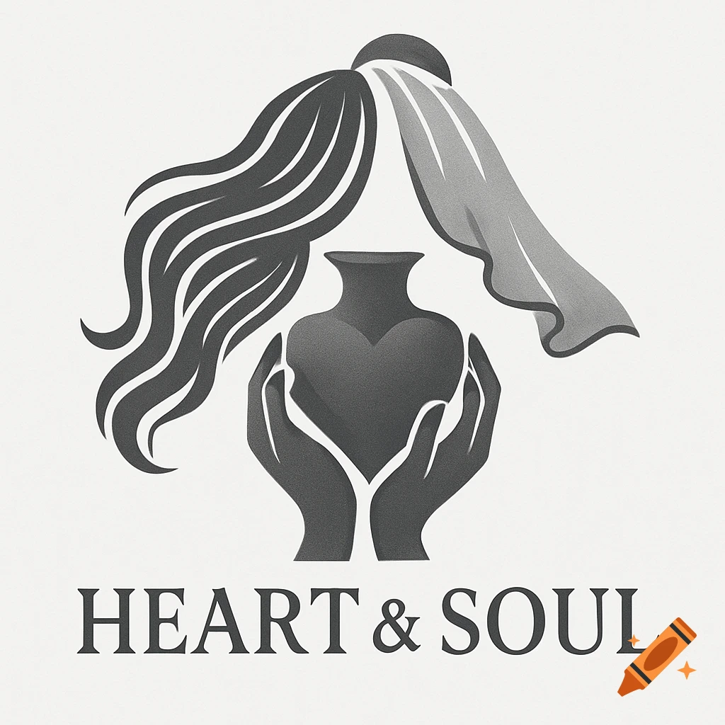 A grayscale logo featuring two hands cupping a heart-shaped vase. Above, hair flows to the left and a veil-like fabric drapes to the right. Below the design, the words 'HEART & SOUL' are written in a serif font.