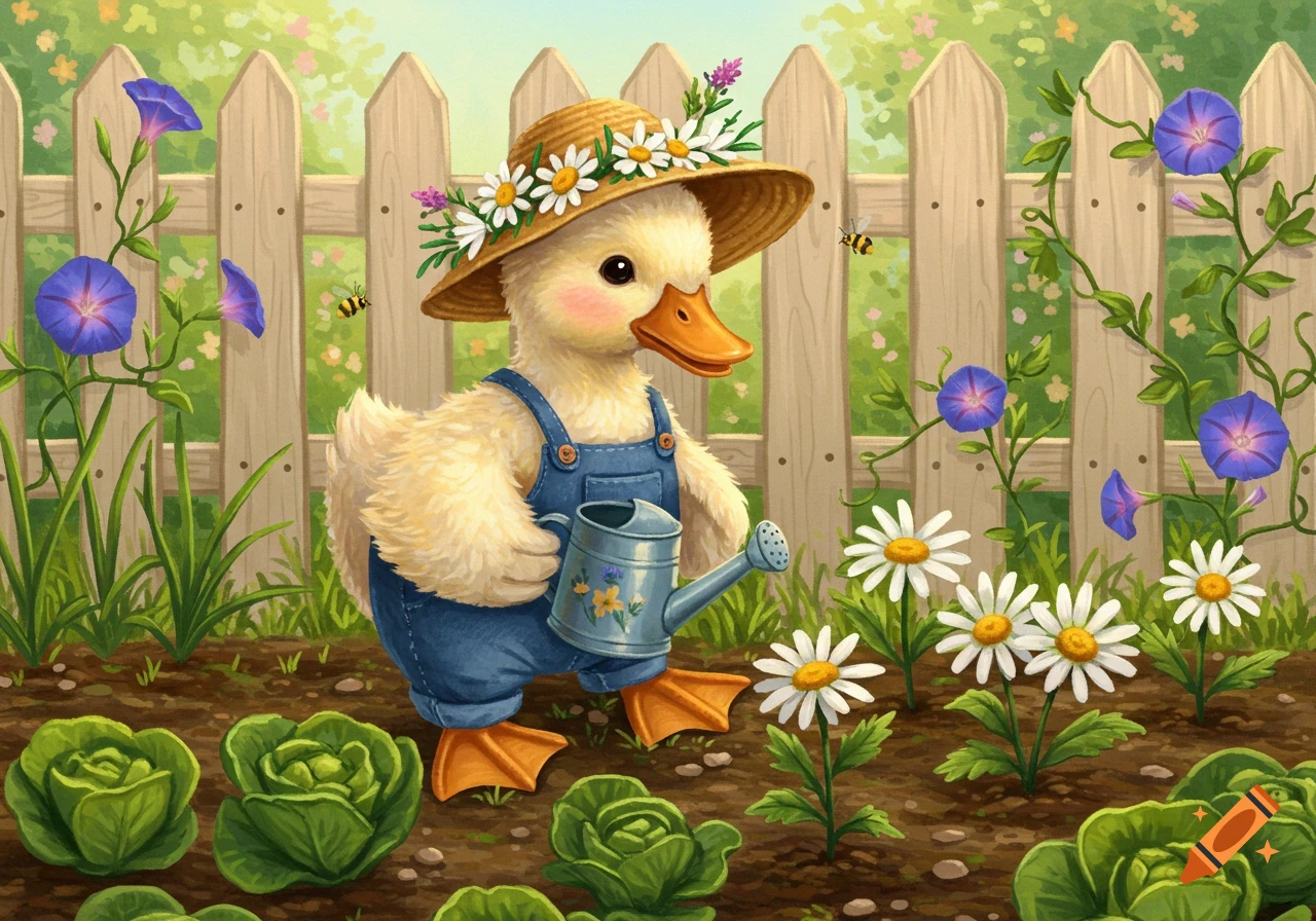 A cute illustrated duck in blue overalls and a flowered straw hat holds a watering can in a colorful garden with cabbages, daisies, and morning glories.