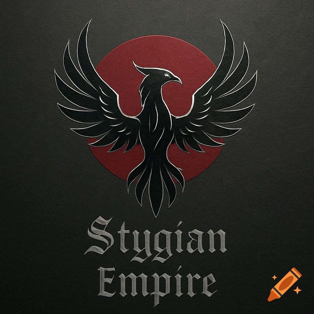 A black phoenix-like bird logo with wings spread, set against a red circle, above the words "Stygian Empire" in a silver, gothic font on a dark textured background.