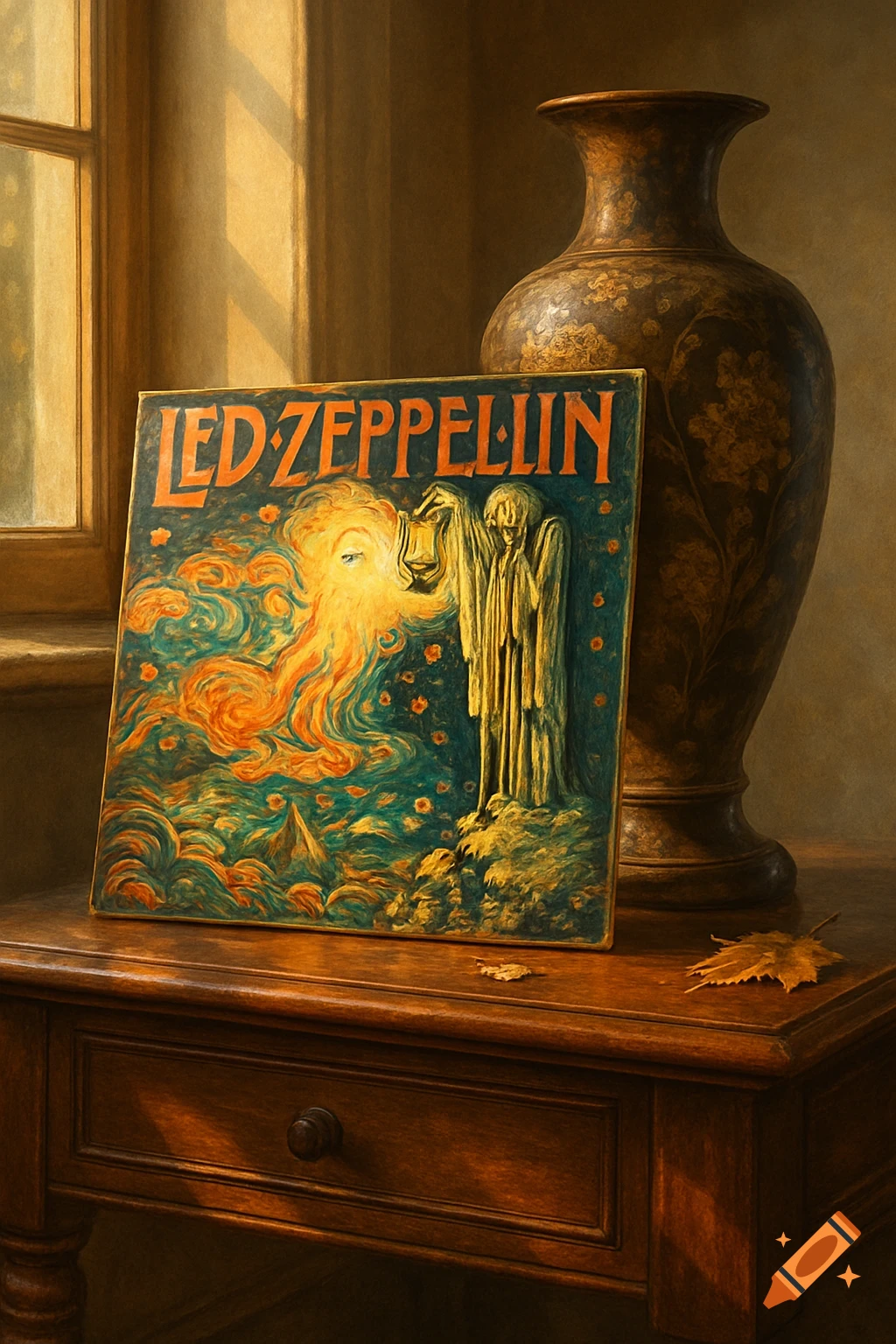 A painting of a Led Zeppelin album leaning against an ornate vase on a wooden table, with light streaming in from a nearby window.