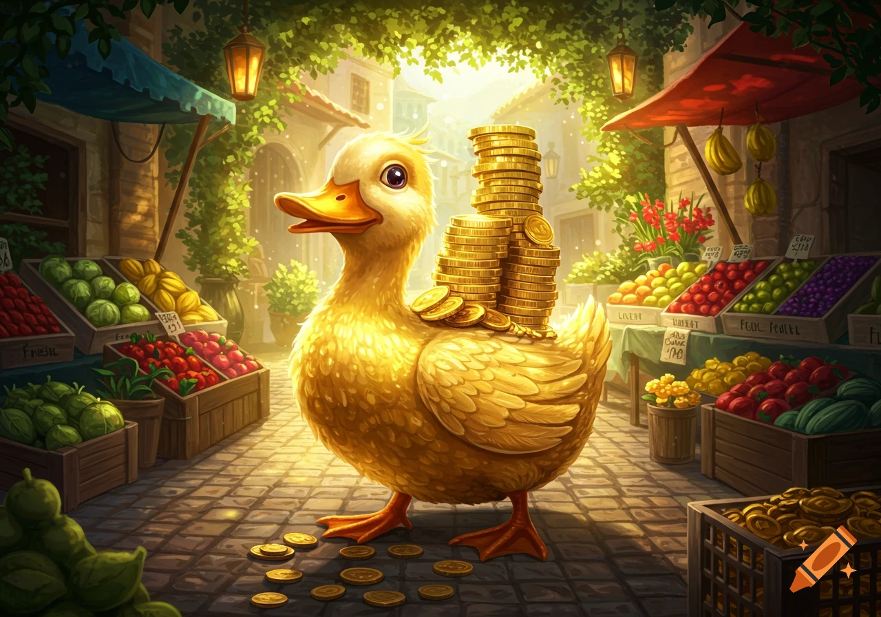 A large golden duck covered in stacks of gold coins walks through a sunlit market street with fruit stalls, in an illustration style.