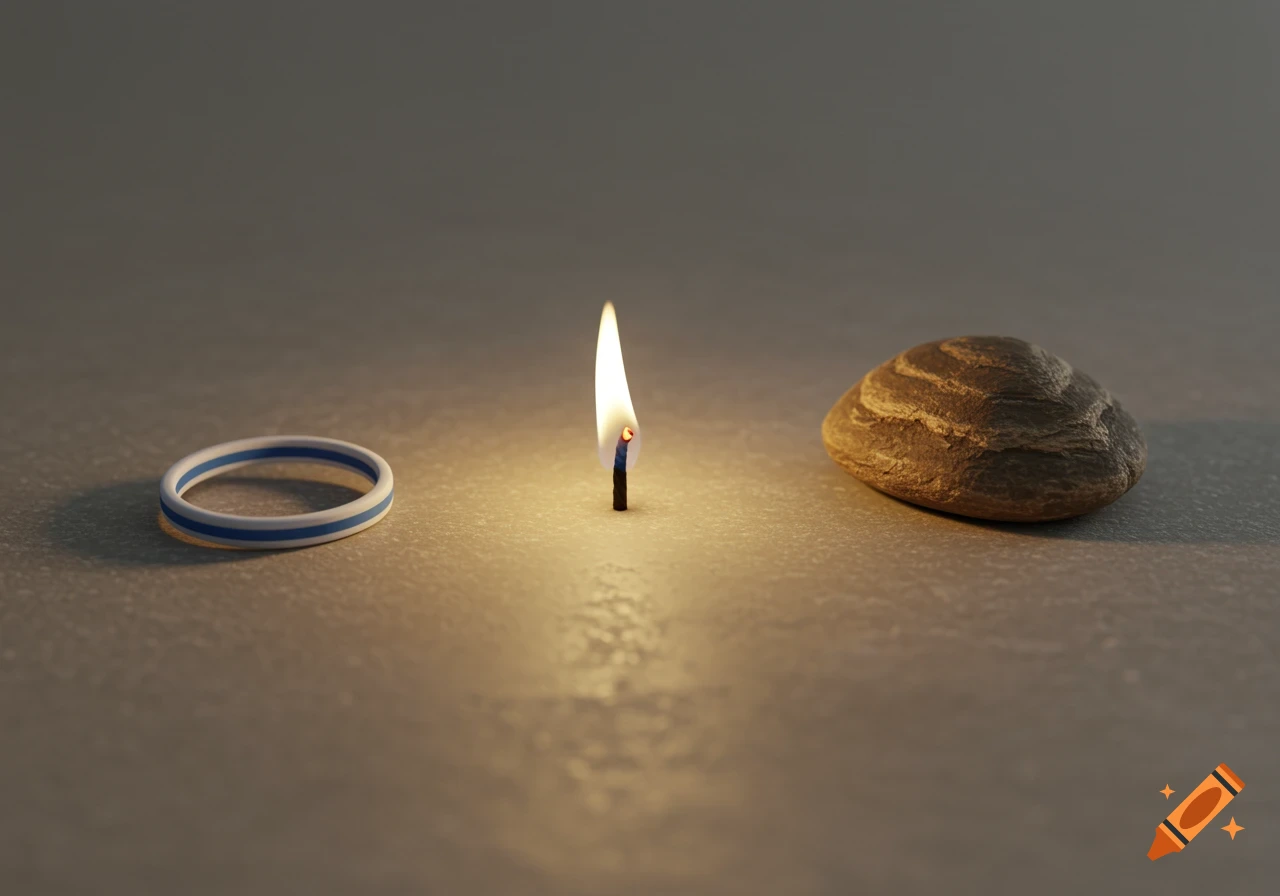 A white and blue rubber band, a small burning flame, and a brown rock are laid out in a line on a flat, light-colored surface, photorealistic.