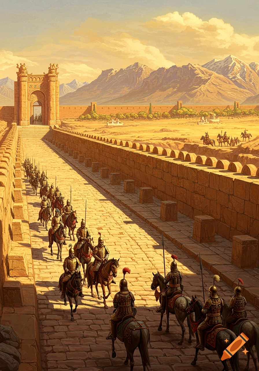 Painting of ancient Persian soldiers on horseback riding along a stone wall towards an ornate gate in a desert landscape with mountains.