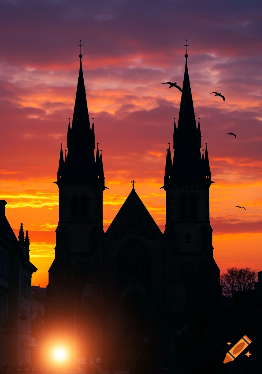 Silhouette of a church with two spires against a vibrant orange and purple sunset sky with birds flying.