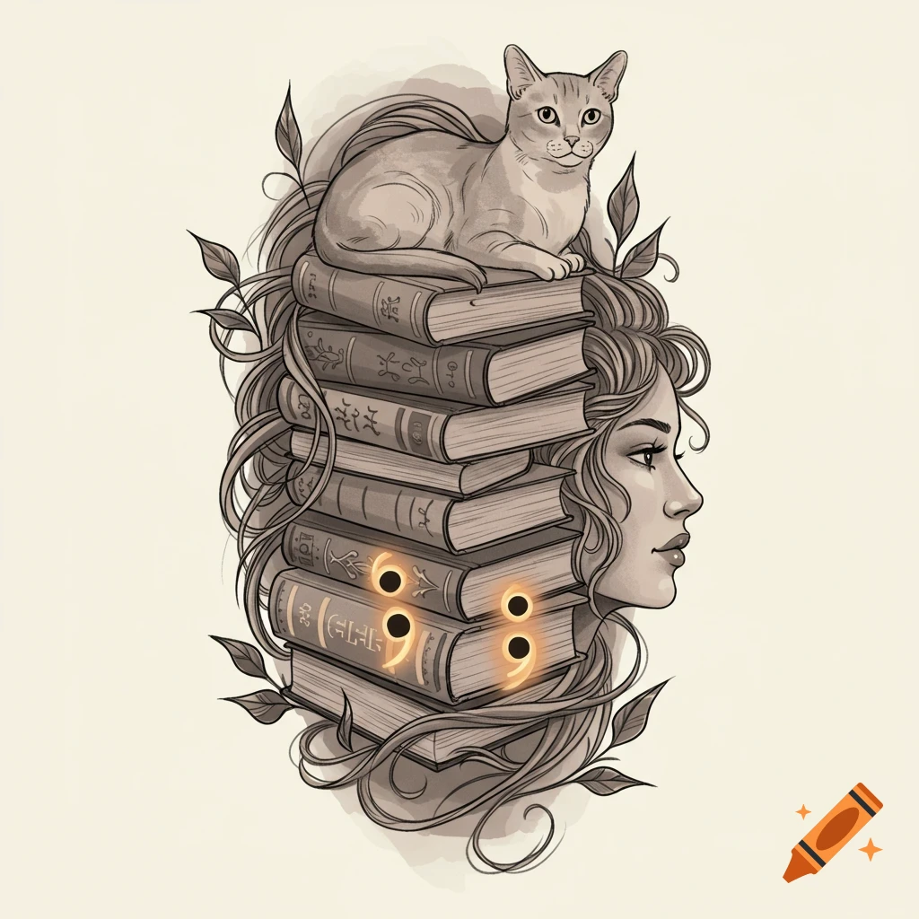 A stylized illustration of a woman's head in profile, with a stack of books as her hair, topped by a gray cat. Glowing semicolons are on the book spines, which also have unreadable text.