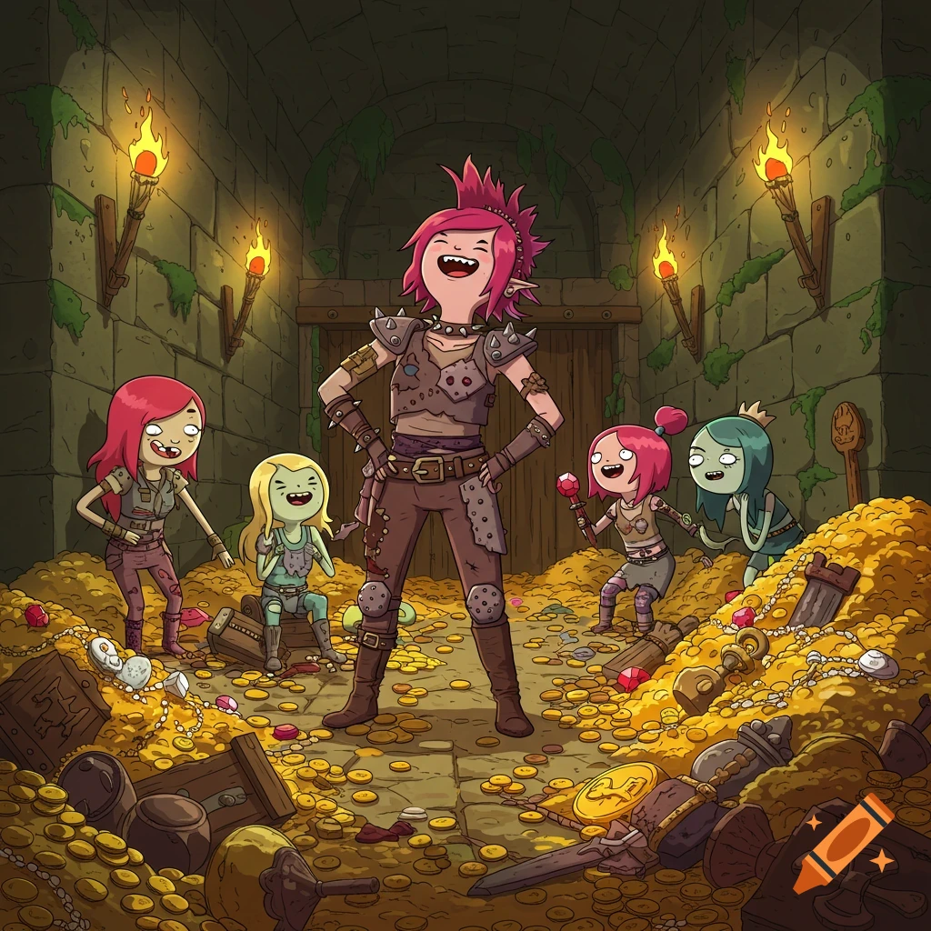 A group of female raiders, drawn in the Adventure Time style, celebrating in a dungeon's treasure room filled with gold and jewels.