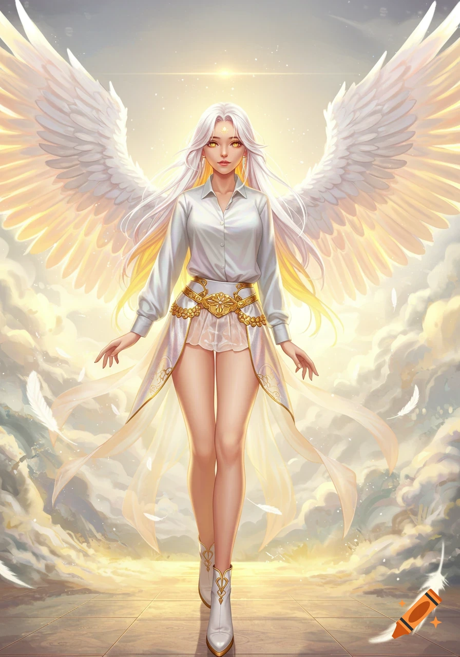 An anime woman with long white hair and golden eyes wearing a white shirt, a flowing white and gold skirt, and large white angel wings, standing in a bright, cloudy sky.