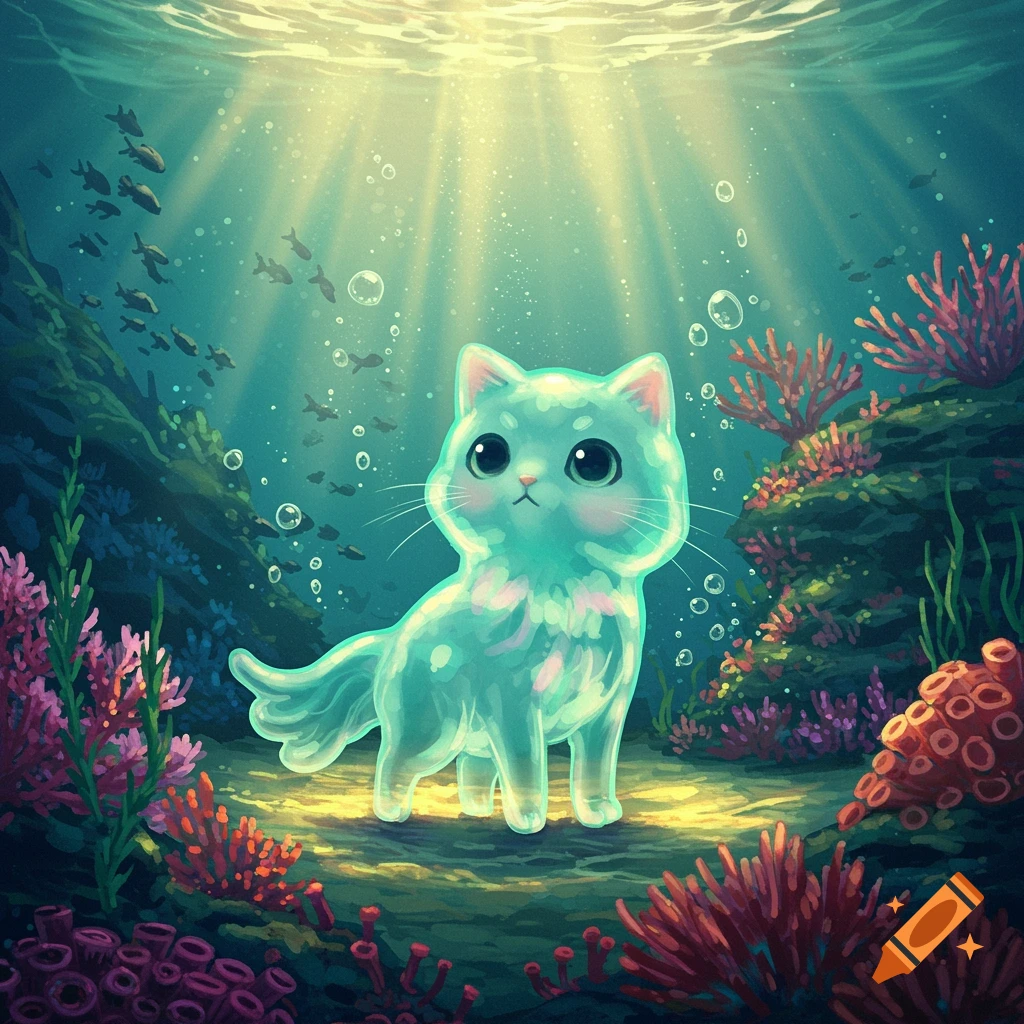 A translucent, glowing aqua-colored cat stands on the seabed amidst vibrant coral, with schools of fish and sunlight streaming from the water's surface.