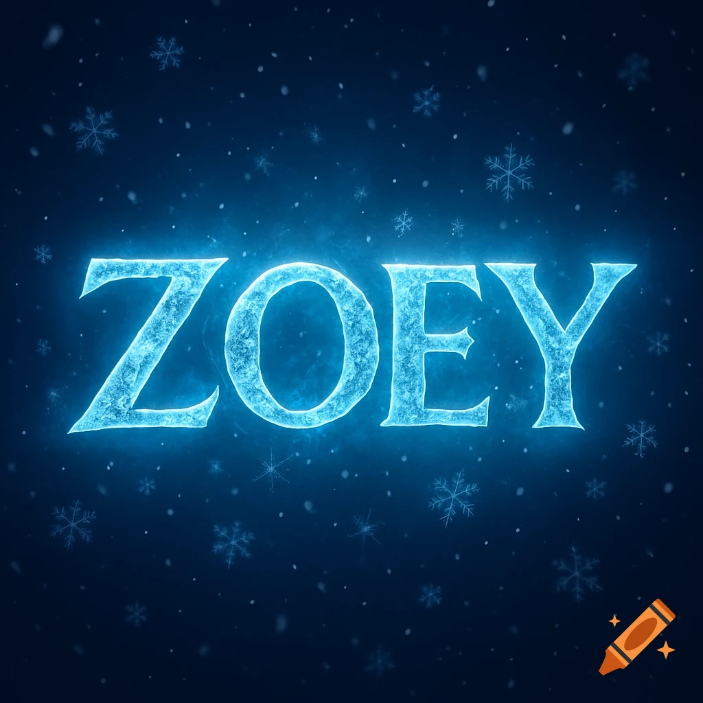 The name ZOEY in glowing blue, icy letters, surrounded by falling snowflakes on a dark blue background.