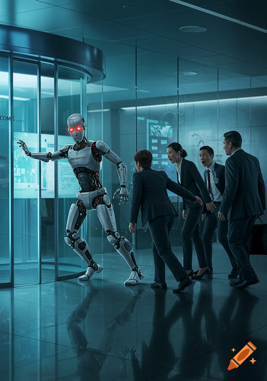 A photorealistic image of a robot with glowing red eyes advancing in a modern office, while several business people recoil in fear.