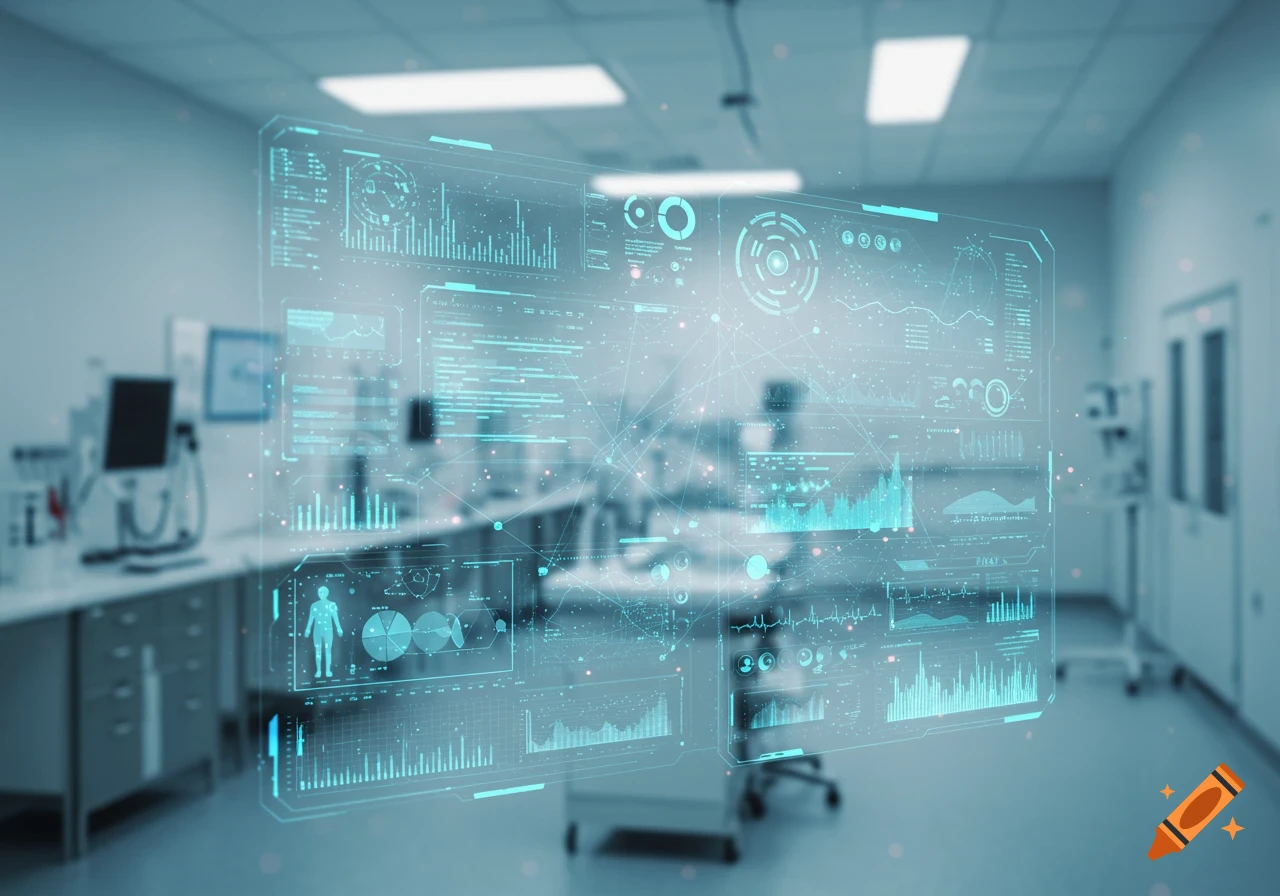 A futuristic lab with a transparent blue holographic display showing medical data, charts, and graphs.
