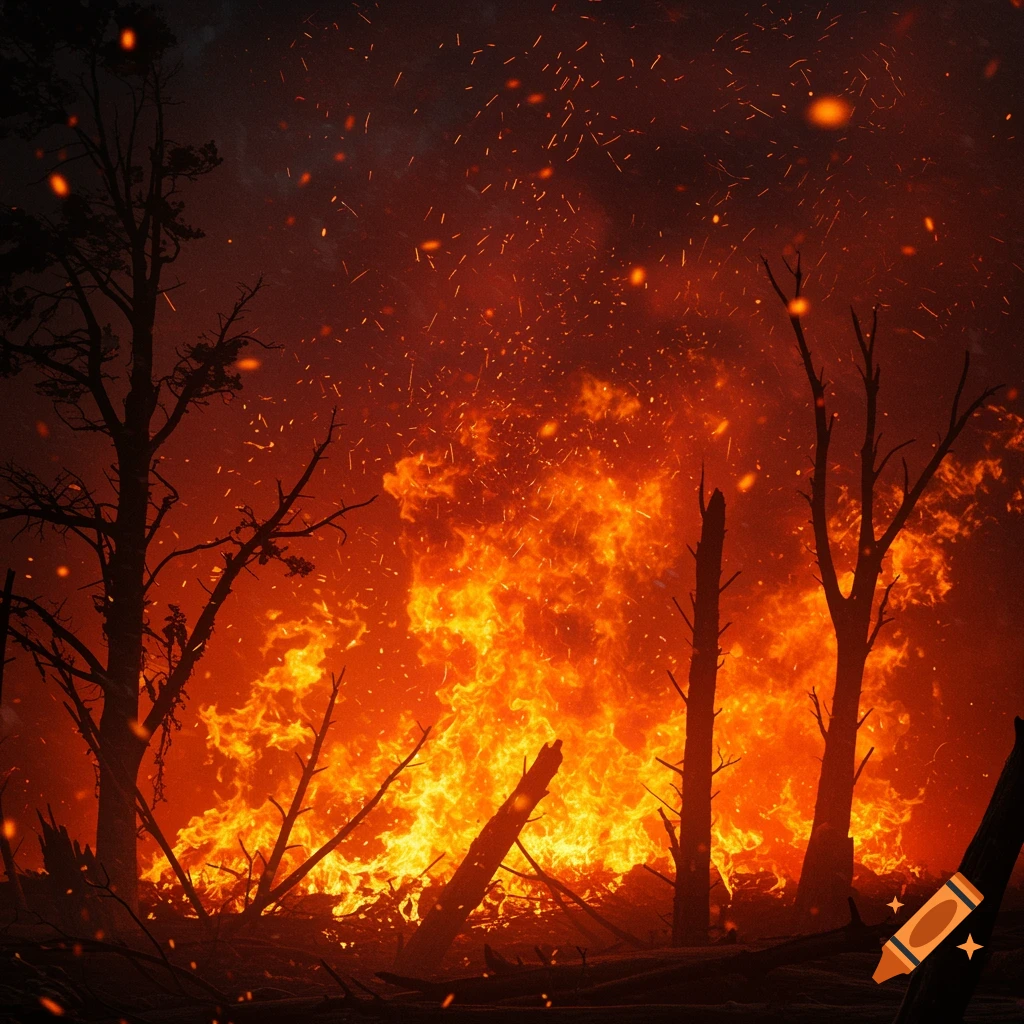 A large forest fire with bright orange flames, smoke, and red embers consuming trees against a dark sky.