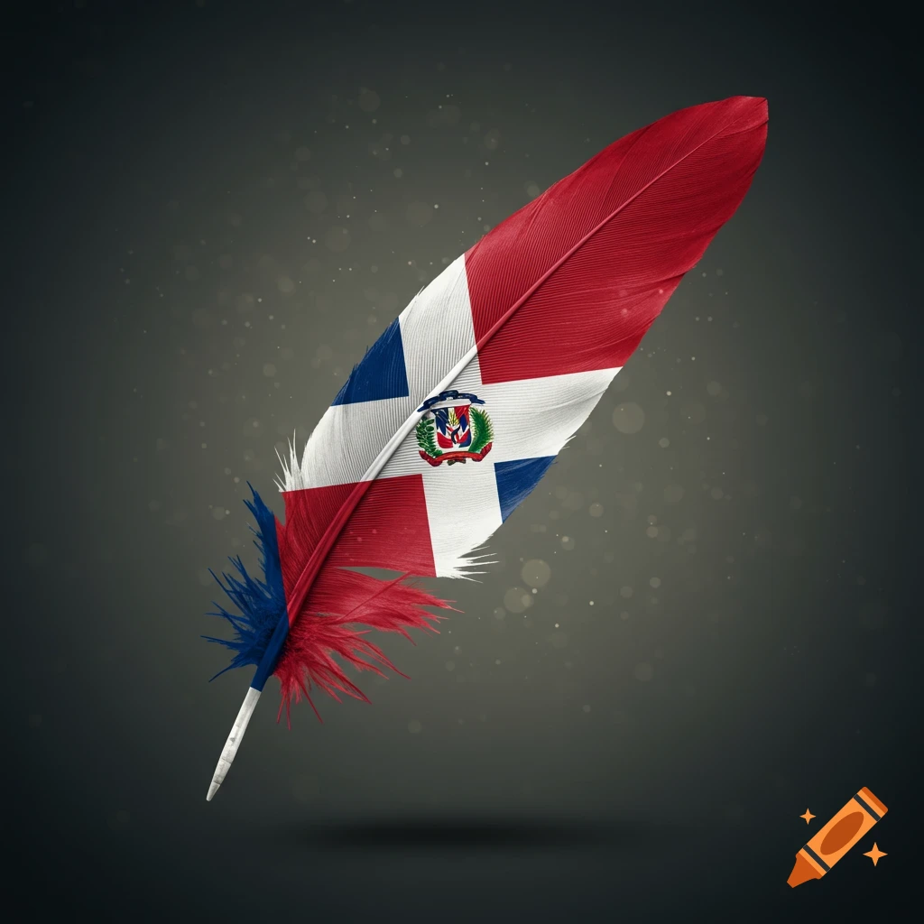 A quill feather adorned with the colors and emblem of the Dominican Republic flag against a dark, bokeh-filled background.