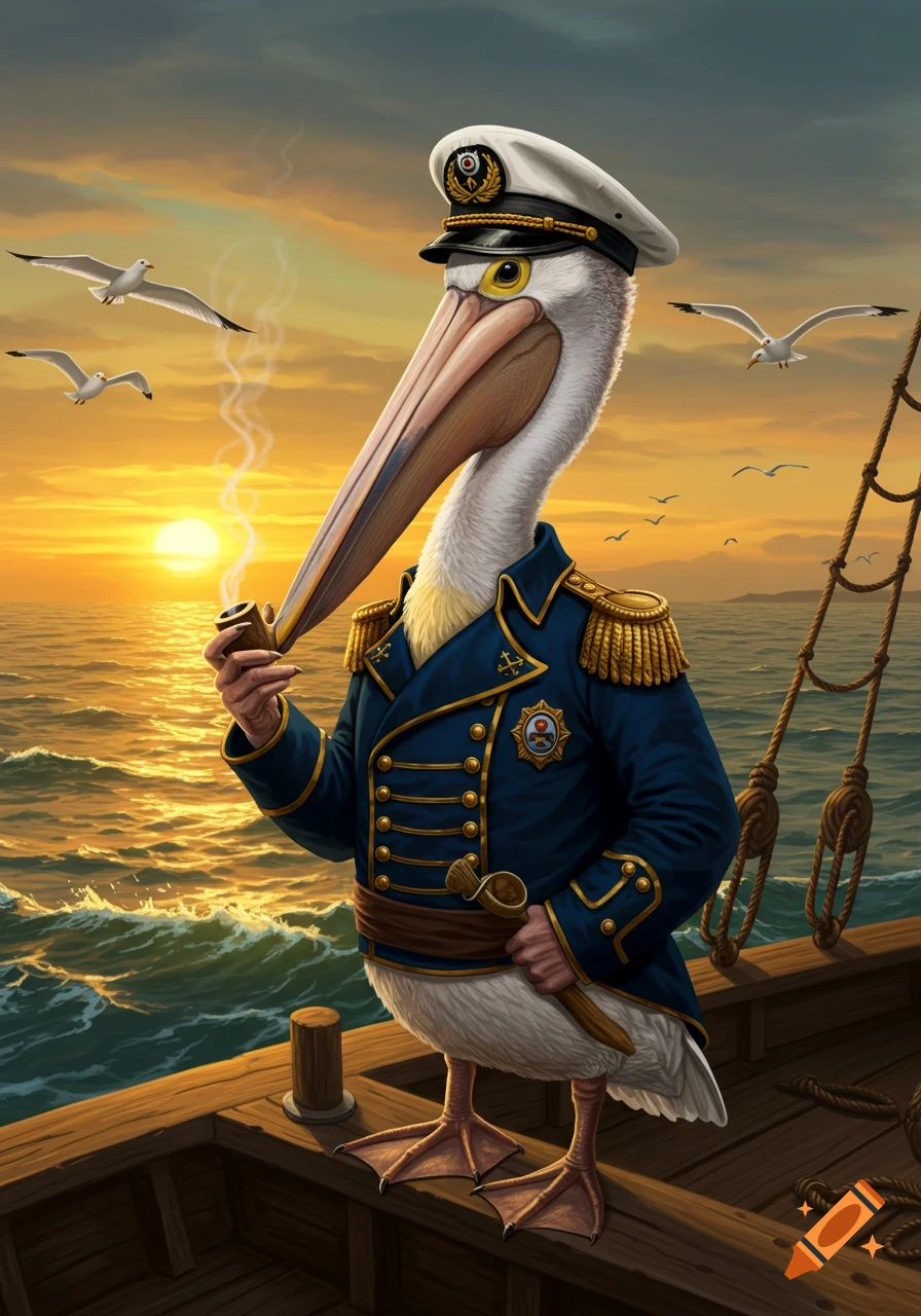 A detailed illustration of a pelican dressed as a sea captain, smoking a pipe, standing on a ship deck at sunset.