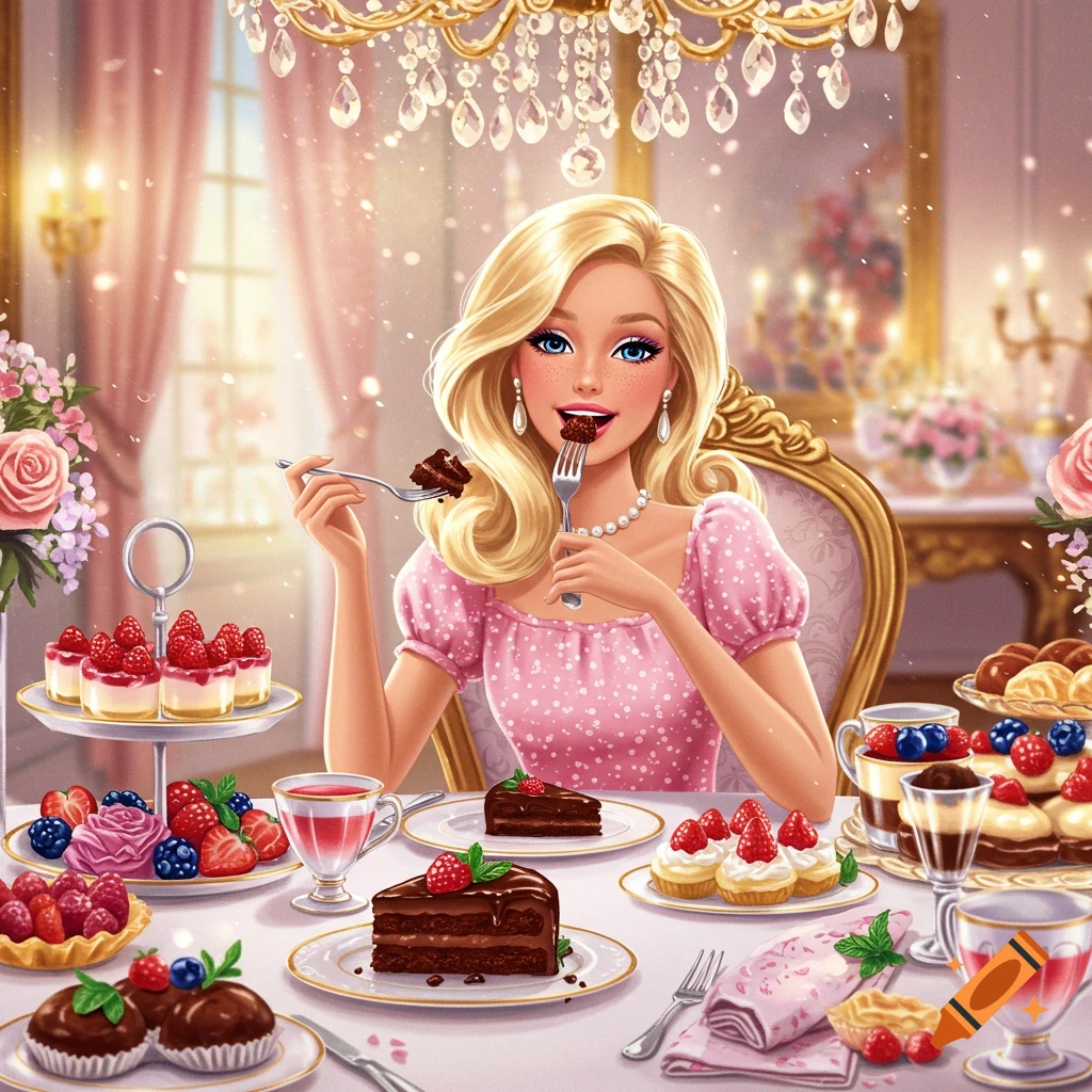 Illustrated Barbie-like doll in a pink dress eating chocolate cake at an elegant tea party filled with desserts.