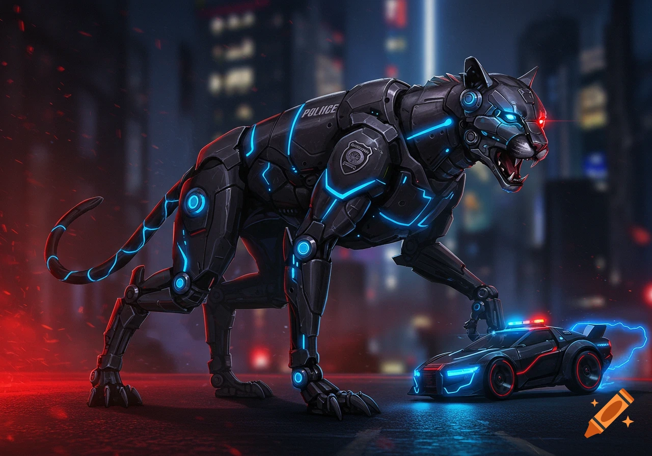A sleek biomechanical cougar with glowing blue lights stands beside a futuristic police car in a neon-lit cyberpunk city.