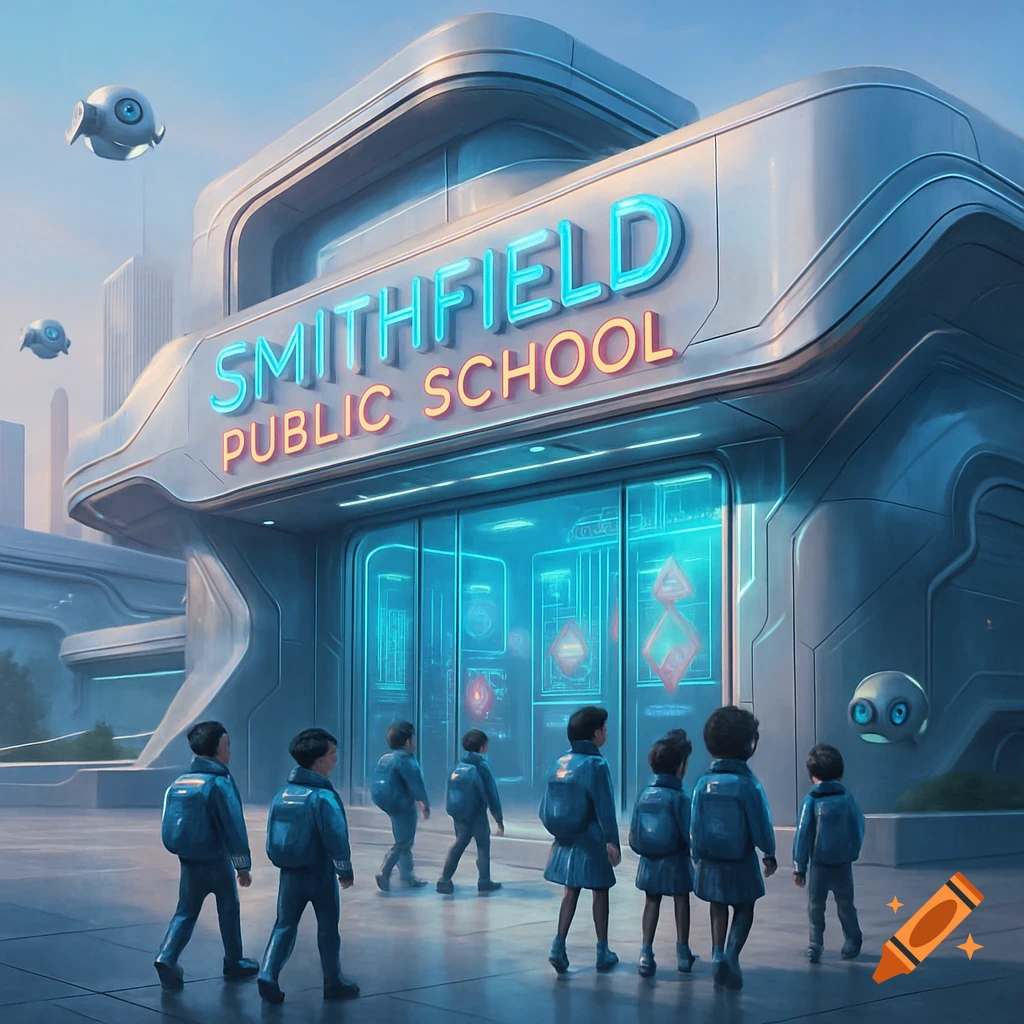 Children walk towards a futuristic 'SMITHFIELD PUBLIC SCHOOL' building with neon signs and flying drones in a sci-fi cityscape.