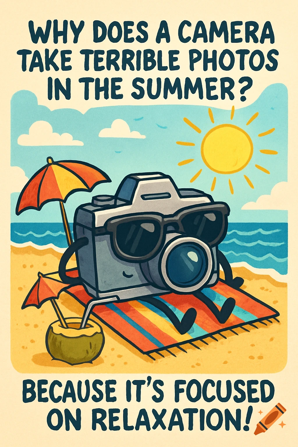 Cartoon camera with sunglasses on a beach with a joke: Why does a camera take terrible photos in the summer? Because it's focused on relaxation!