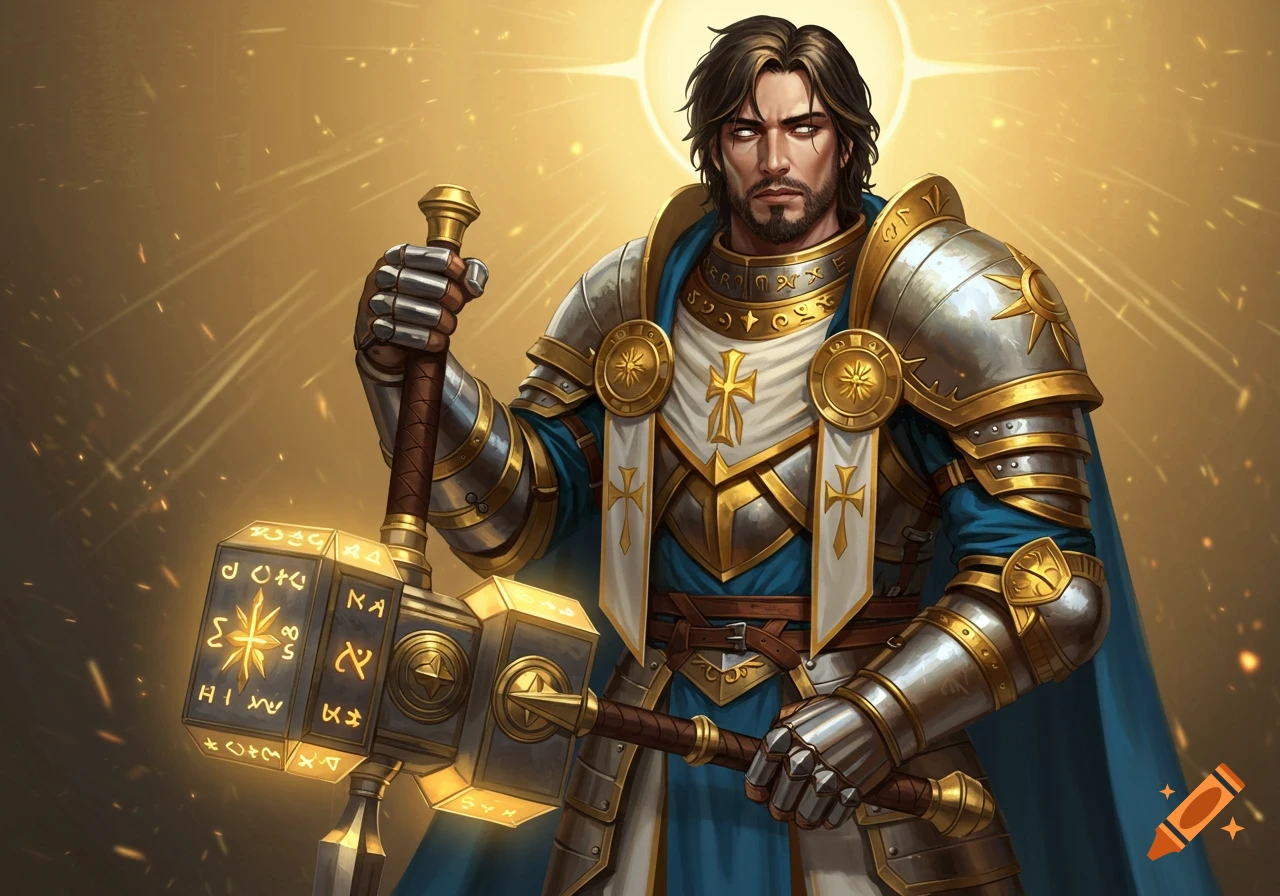 A noble male cleric in radiant gold and silver armor holds a glowing warhammer inscribed with runes, against a divine golden background.