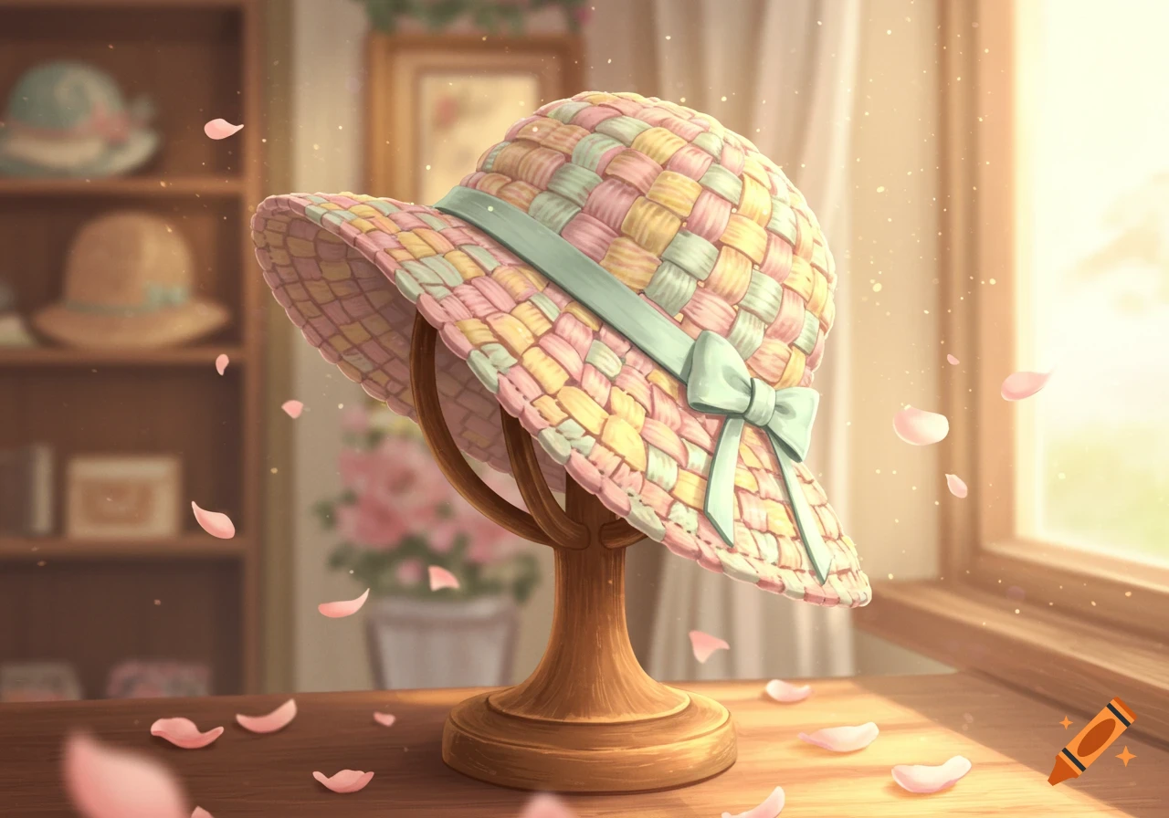 A pastel woven sun hat with a mint green ribbon bow sits on a wooden stand in a sunlit room with pink petals.