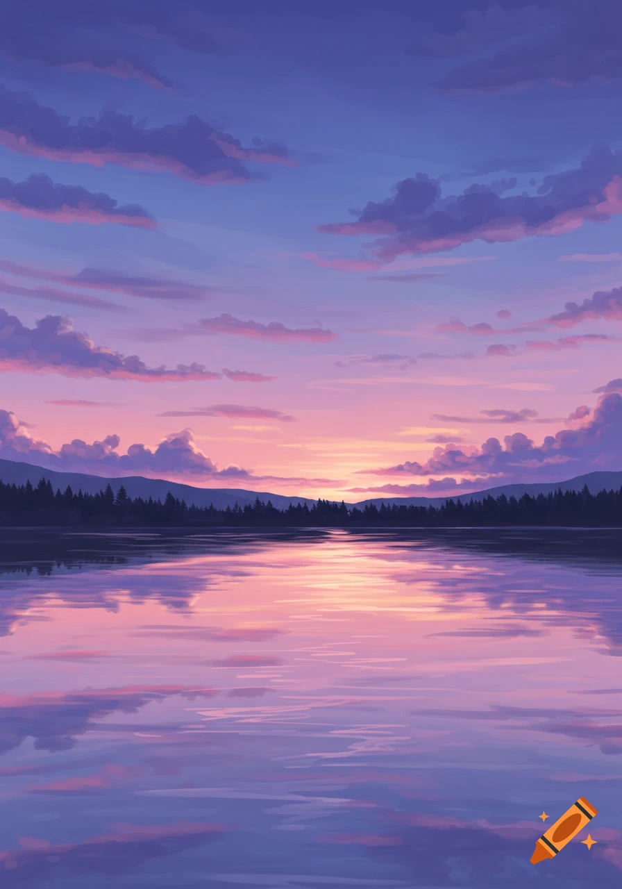 Stylized sunset over a calm lake reflecting vibrant pink and purple clouds, with a dark silhouetted forest and mountains in the background.