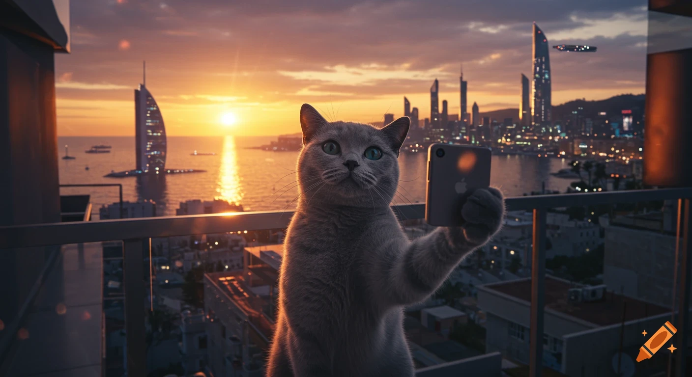 A photorealistic gray cat takes a selfie on a high-rise balcony overlooking a futuristic cyberpunk city at sunset.