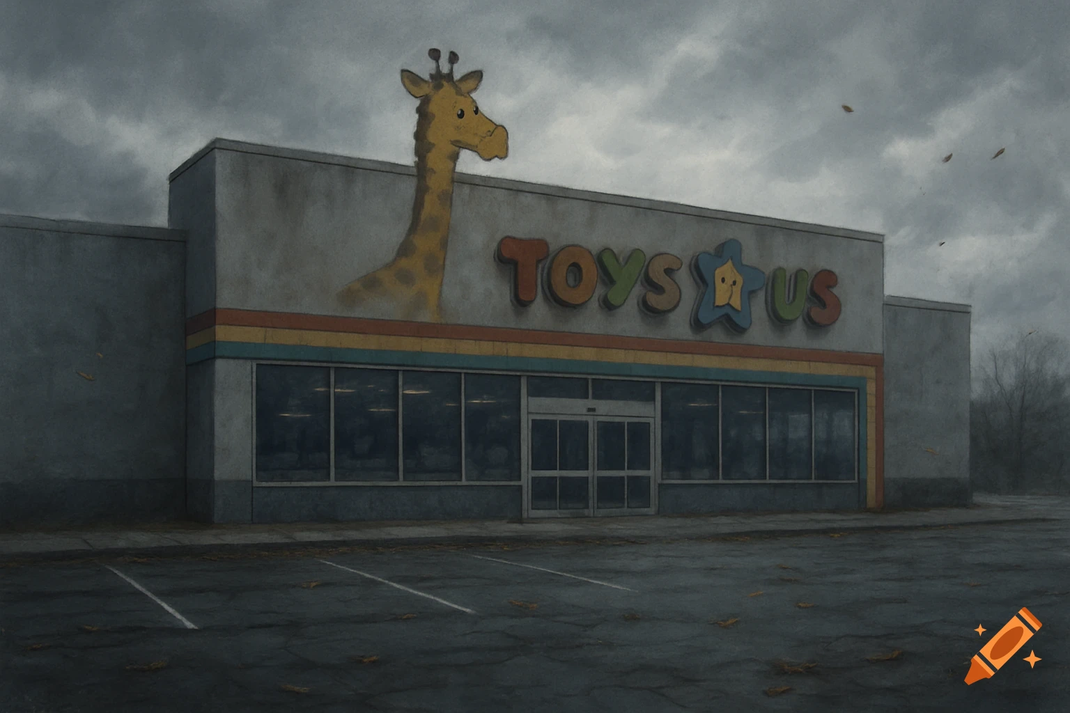 An abandoned Toys R Us store under a gloomy, cloudy sky, with scattered leaves in the parking lot.