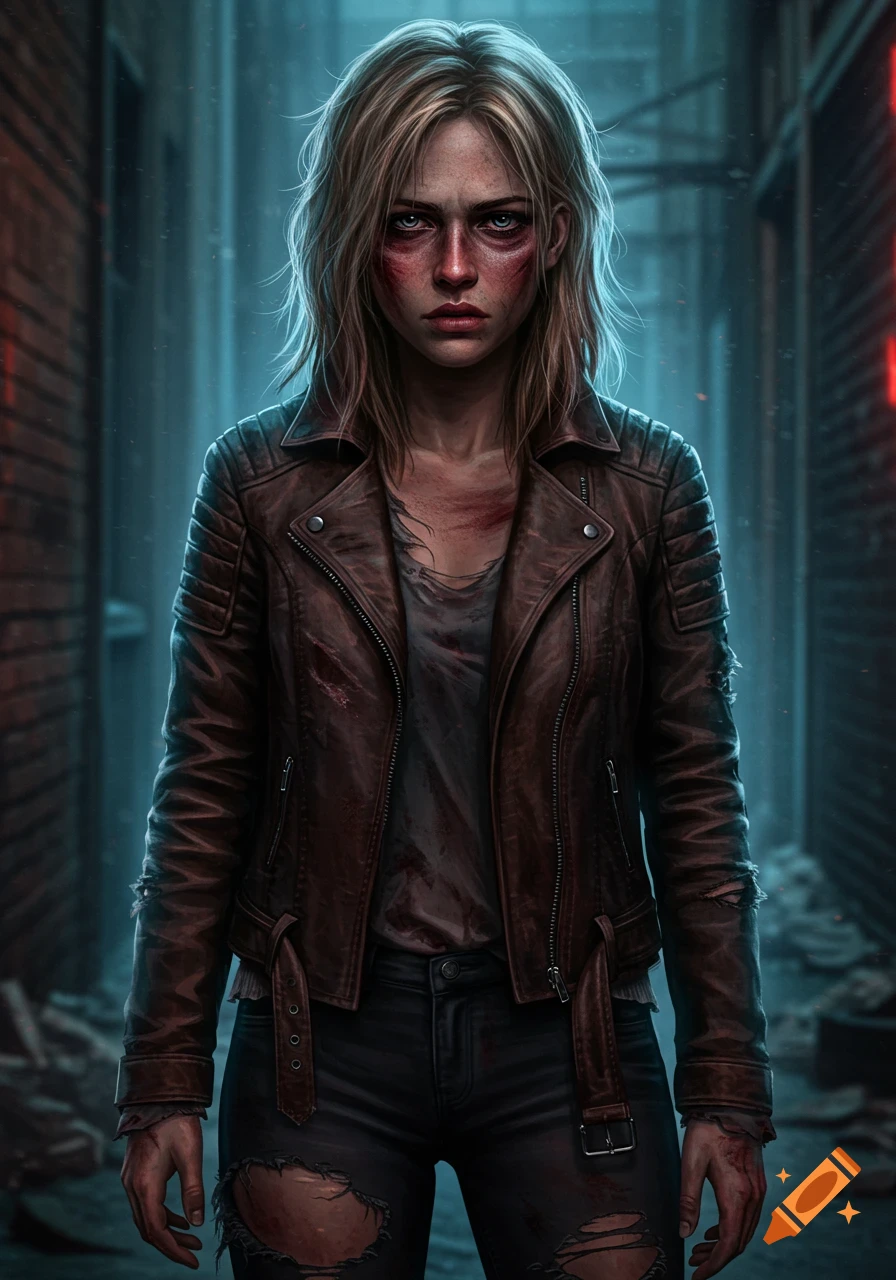 A young blonde woman with a serious expression, wearing a worn leather jacket and torn pants, standing in a dimly lit alley. She has visible smudges on her face and clothing.