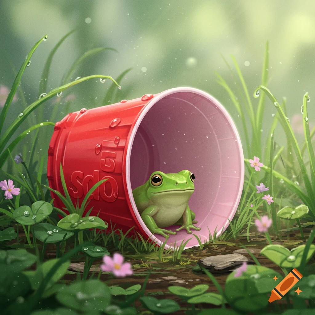 A cute green frog peeks out from a red solo cup lying on its side in lush green grass with small pink flowers and dew drops.